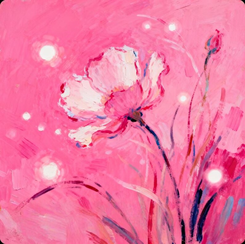 Detailed floral composition showing a single blooming pink flower with soft brush textures and bright artistic contrast.