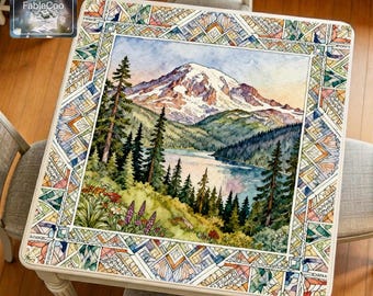Snow Mountain Landscape Mahjong Mat, Colorful Mosaic Game Table Pad, Waterproof Non-Slip Cover