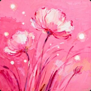 Close-up image of two pink floral blooms with expressive petal details and a vivid painted background.