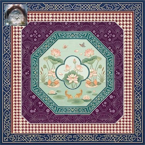 Lotus pond themed square game mat featuring blooming lotus flowers, koi fish, ducks, butterflies, reeds, rippling water, and an octagonal decorative frame in jade green, lavender purple, cream, blush pink, and gold.