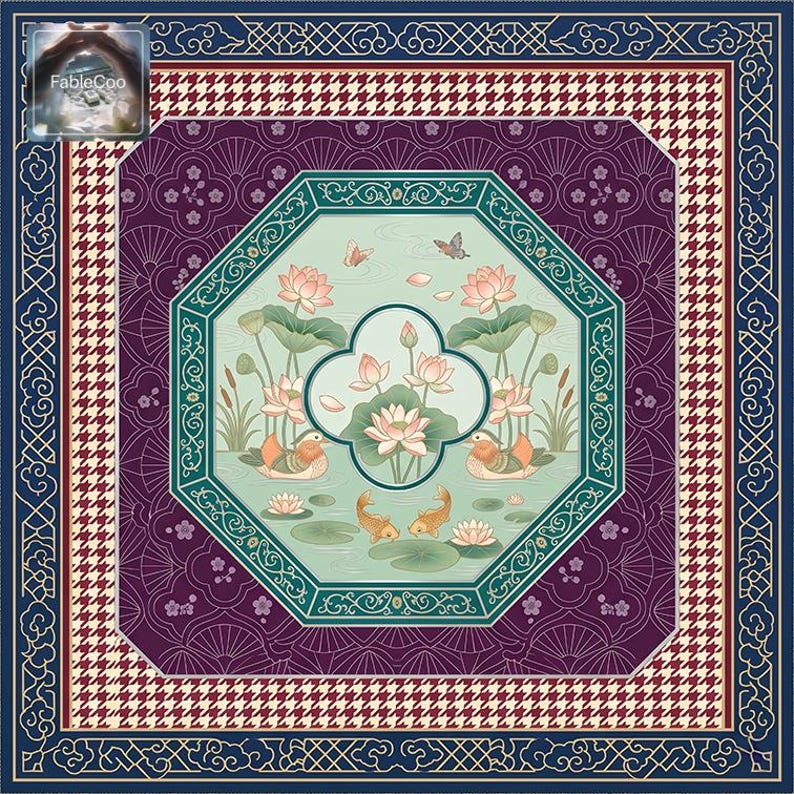 Lotus pond themed square game mat featuring blooming lotus flowers, koi fish, ducks, butterflies, reeds, rippling water, and an octagonal decorative frame in jade green, lavender purple, cream, blush pink, and gold.