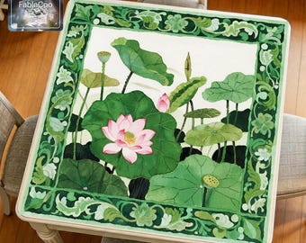 Tapis de mahjong lotus rose, tapis de table de jeu carré Botanical Pond, surface de jeu imperméable antidérapante