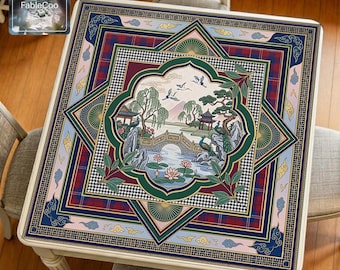 Tapis de mahjong de jardin oriental, tapis de table de jeu paysage asiatique, housse silencieuse imperméable