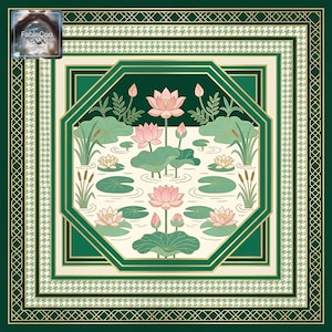Oriental decorative game mat featuring a white lotus flower with flying birds and butterflies, set within an intricate geometric layout and richly layered borders in navy blue, forest green, red, gold, ivory, and soft gray tones.