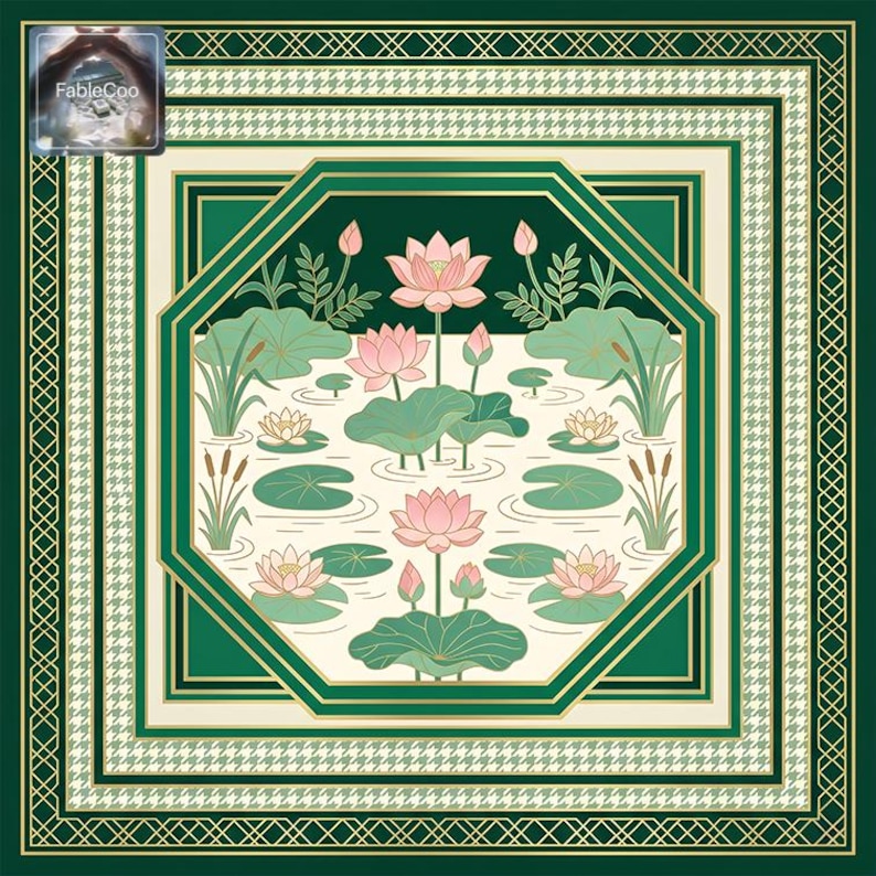 Oriental decorative game mat featuring a white lotus flower with flying birds and butterflies, set within an intricate geometric layout and richly layered borders in navy blue, forest green, red, gold, ivory, and soft gray tones.