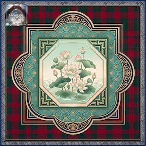Decorative oriental mahjong mat with an elegant floral layout, showcasing layered pink lotus blossoms, lotus leaves, geometric framing, and a refined combination of jade green, dark red, navy, gold, and soft cream for a luxurious vintage-inspired look.