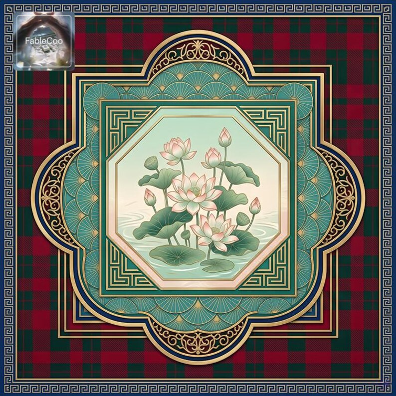 Decorative oriental mahjong mat with an elegant floral layout, showcasing layered pink lotus blossoms, lotus leaves, geometric framing, and a refined combination of jade green, dark red, navy, gold, and soft cream for a luxurious vintage-inspired look.