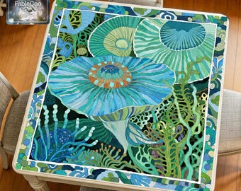 Blue Underwater Plant Mahjong Mat, Ocean Botanical Game Table Pad, Waterproof Non-Slip Play Mat