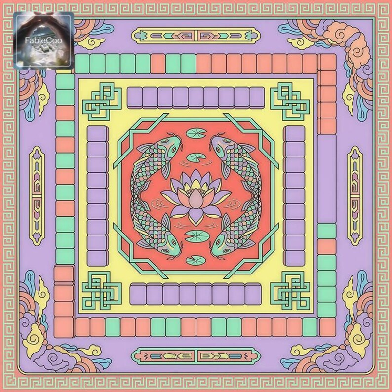 Pastel koi fish mahjong mat design with lotus flower centerpiece, four swimming koi, ornamental clouds, and soft lavender, mint, peach, and pale yellow tones for a refined tranquil aesthetic.