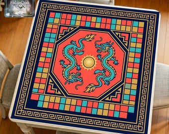 Tapis de mahjong chinois double dragon, tapis de table de jeu oriental color block, housse silencieuse imperméable