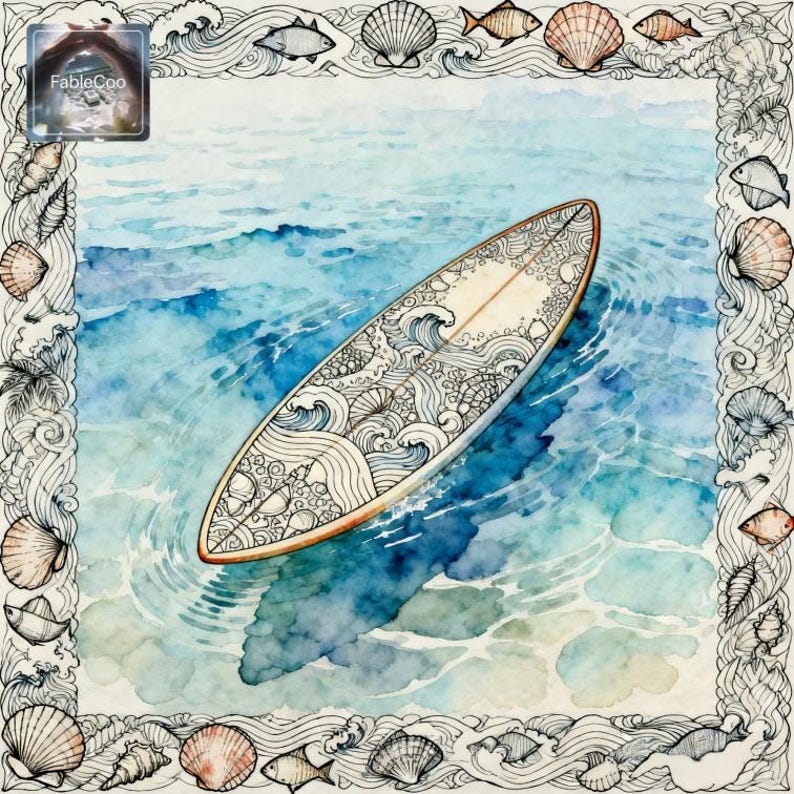 Alternate summer surf artwork detail showing a surfboard floating on calm blue water, bordered by illustrated ocean waves, shells, and marine motifs in a light airy watercolor style.