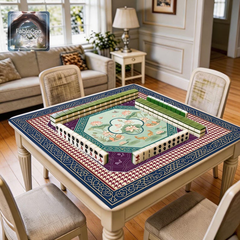 Oriental scenic game mat shown in use with mahjong tiles, highlighting the spacious square playing area, smooth cushioned surface, and graceful artwork featuring lotus blossoms, koi fish, birds, butterflies, and layered eastern-style ornamental framing for a refined and decorative tabletop presentation.
