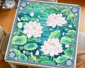 New Chinese Style White Lotus Mahjong Mat, Oriental Pond Game Table Pad, Waterproof Thick Quiet Cover, Trendy Chinese-Chic Vogue Mat