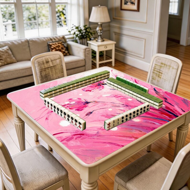 Decorative square game mat shown in use with mahjong tiles, highlighting the spacious playing area and vibrant artistic pink flower design.