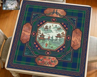 Asian Peacock Lotus Mahjong Mat, Blue Orange Scenic Game Table Pad, Waterproof Quiet Cover