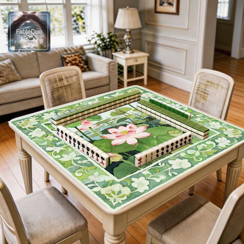 Pink lotus mahjong table mat shown in use with mahjong tiles, highlighting the spacious square playing area, cushioned surface, and decorative botanical pond artwork with soft pink lotus blossoms, broad green leaves, and an ornate green floral border.