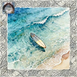 Decorative surf-inspired artwork detail with an overhead ocean wave scene and a patterned surfboard, framed by intricate shell and botanical-style line art for a refined coastal artistic feel.