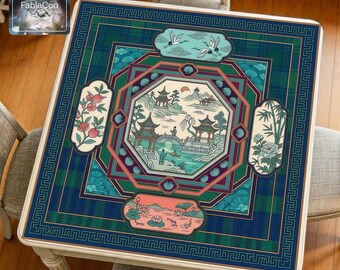 Asian Lake View Mahjong Mat, Blue Teal Scenic Game Table Pad, Waterproof Quiet Cover