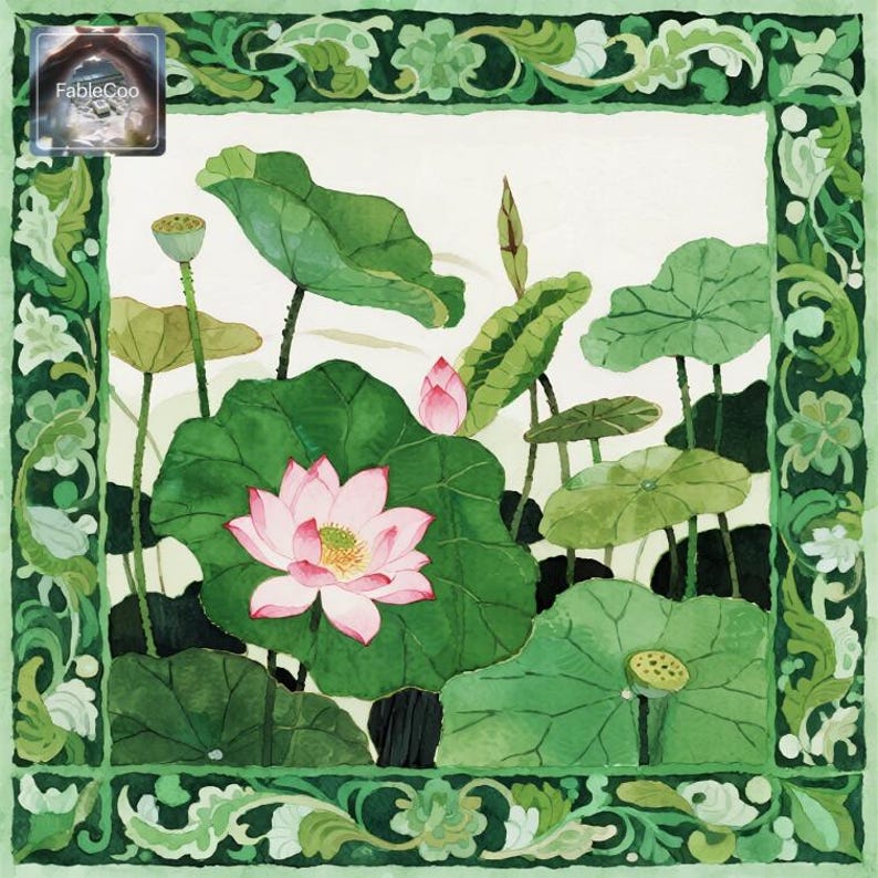 Minimal lotus botanical mat artwork with one blooming pink lotus flower surrounded by layered green leaves, seed pods, and a rich ornamental border in soft green tones.