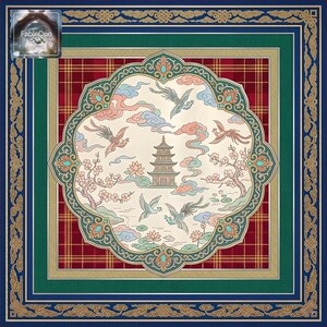 Asian pagoda scenic design variation with cranes, blossom branches, lotus pond elements, stylized clouds, and decorative borders in deep blue, green, red, gold, and ivory tones.