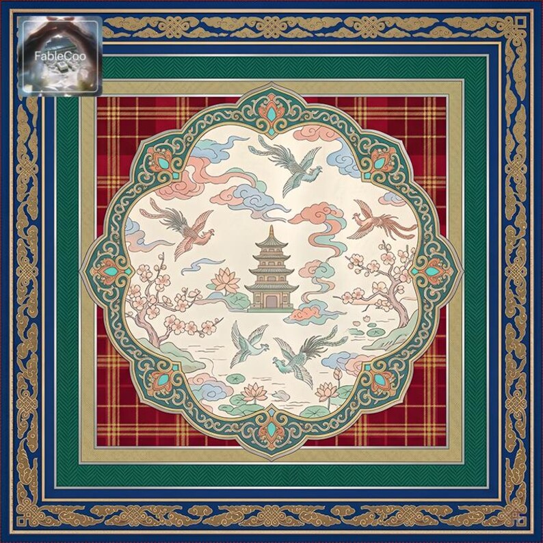 Asian pagoda scenic design variation with cranes, blossom branches, lotus pond elements, stylized clouds, and decorative borders in deep blue, green, red, gold, and ivory tones.