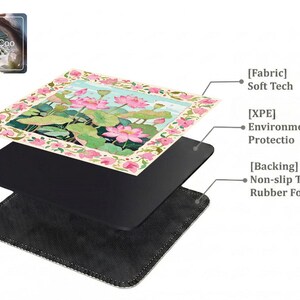 Layered construction display of the mahjong mat showing the printed fabric top layer, cushioned inner core, and non-slip rubber foam backing.
