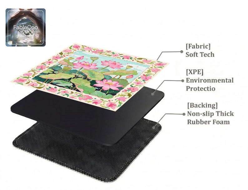 Layered construction display of the mahjong mat showing the printed fabric top layer, cushioned inner core, and non-slip rubber foam backing.