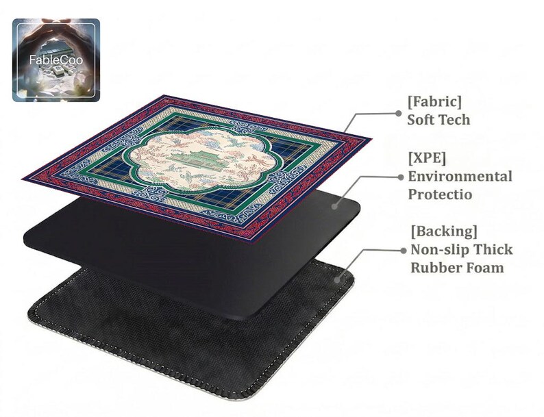 Layered construction display of the mahjong mat showing the printed fabric top layer, cushioned inner core, and non-slip rubber foam backing.