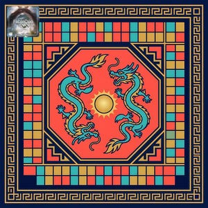 Bold geometric dragon mahjong mat artwork featuring twin dragons circling a central sun within an octagonal frame, accented by navy blue borders and vibrant coral, turquoise, and gold color blocks.