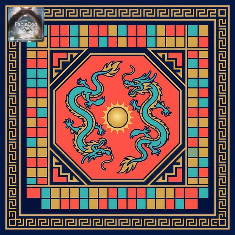 Bold geometric dragon mahjong mat artwork featuring twin dragons circling a central sun within an octagonal frame, accented by navy blue borders and vibrant coral, turquoise, and gold color blocks.
