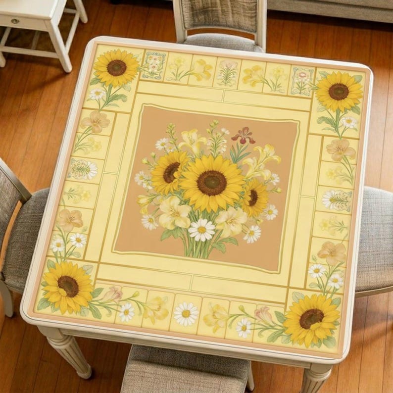 May include: A square, yellow tablecloth with a floral design featuring sunflowers and daisies. The tablecloth is on a white table, with a bouquet of sunflowers in the center. The table is surrounded by chairs.