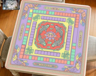 Tapis de mahjong koi chinois, tapis de table de jeu lotus pastel, tapis de jeu épais imperméable