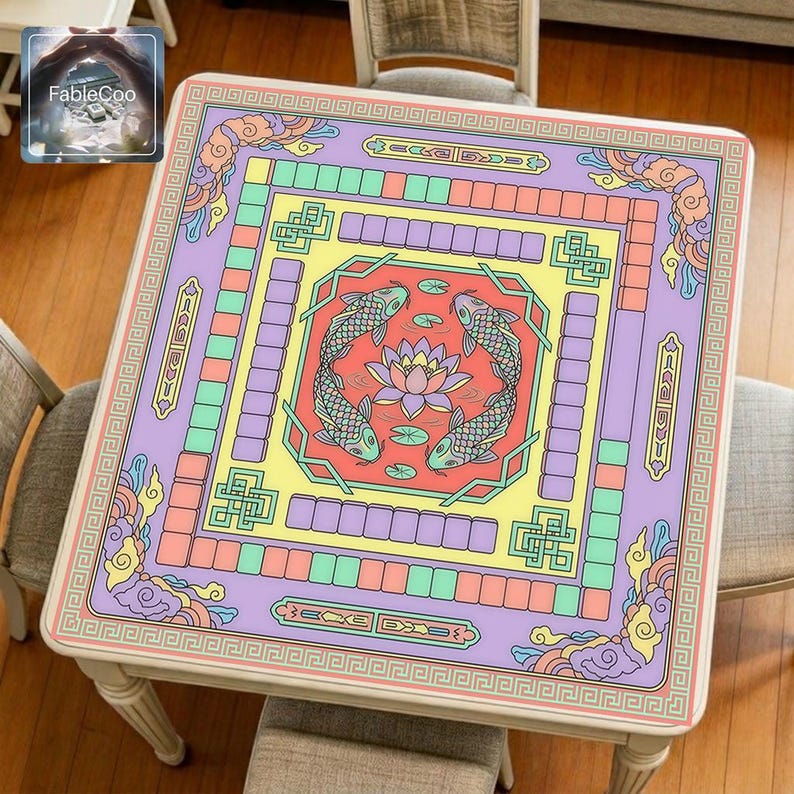Chinese koi fish mahjong mat displayed on a square home table, featuring an original new Chinese-style design with elegant koi fish circling a central lotus flower, surrounded by auspicious clouds, geometric knot details, and decorative key-pattern borders in soft lavender, mint green, butter yellow, and peach pastel tones.