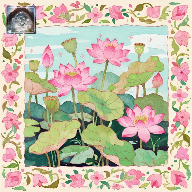 Square lotus artwork mat featuring vibrant pink lotus blossoms rising above layered green leaves, with soft pastel tones, delicate floral details, and a charming decorative border filled with pink flowers and vines.
