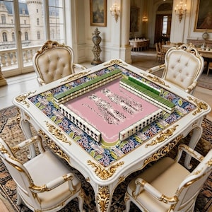 May include: An elaborate white Mahjong table with gold detailing and four matching chairs. The table has a pink central playing area with cheetah designs and green and white Mahjong tiles. The table's edge features a floral pattern.