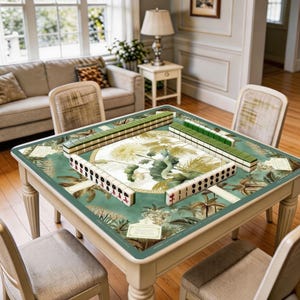Mahjong mat shown in use with mahjong tiles arranged around the center, highlighting the lotus artwork and calm home gaming atmosphere.