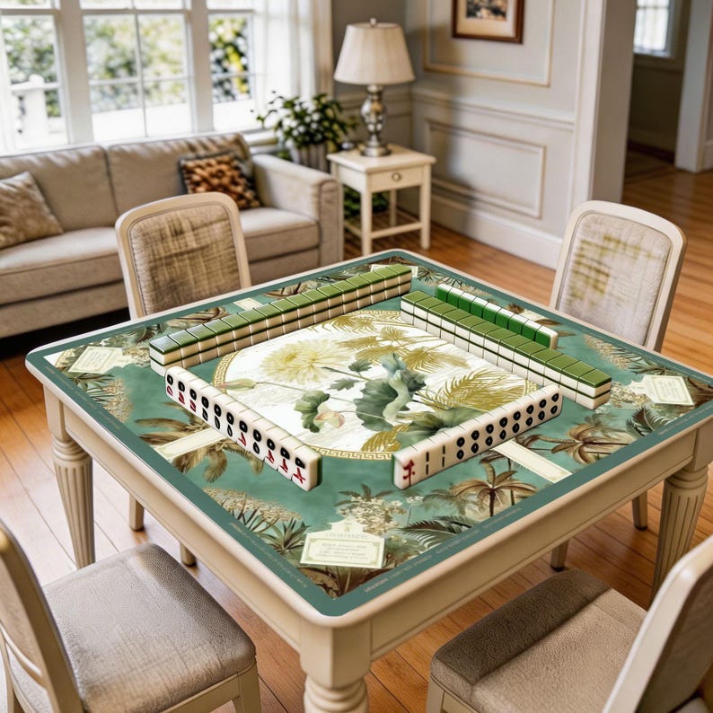 Mahjong mat shown in use with mahjong tiles arranged around the center, highlighting the lotus artwork and calm home gaming atmosphere.