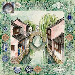 Chinese water town mahjong mat artwork featuring pastel houses, canal reflections, a graceful arched bridge, willow branches, and a decorative green border with floral and porcelain-inspired accents.