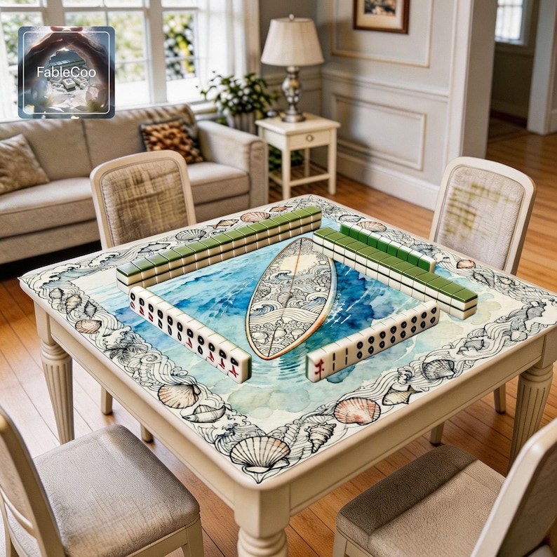 Summer beach surfboard mahjong mat shown in use with mahjong tiles, highlighting the spacious square playing area, smooth cushioned surface, and elegant ocean-themed artwork with a decorative surfboard, shell border, and flowing wave details.