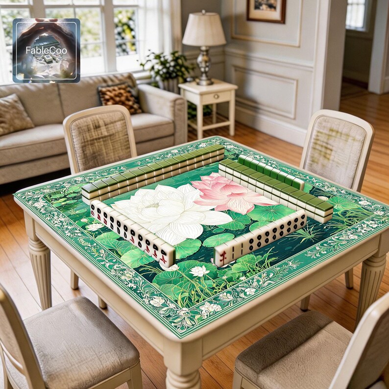 Oriental floral game mat shown in use with mahjong tiles, highlighting the spacious square playing area, smooth cushioned surface, and serene pond artwork with blooming lotus flowers, green lily pads, and decorative botanical border details for a refined tabletop presentation.