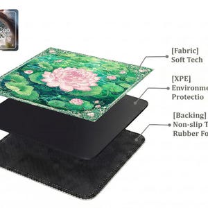 Layered construction display of the mahjong mat showing the printed fabric top layer, cushioned inner core, and non-slip rubber foam backing.