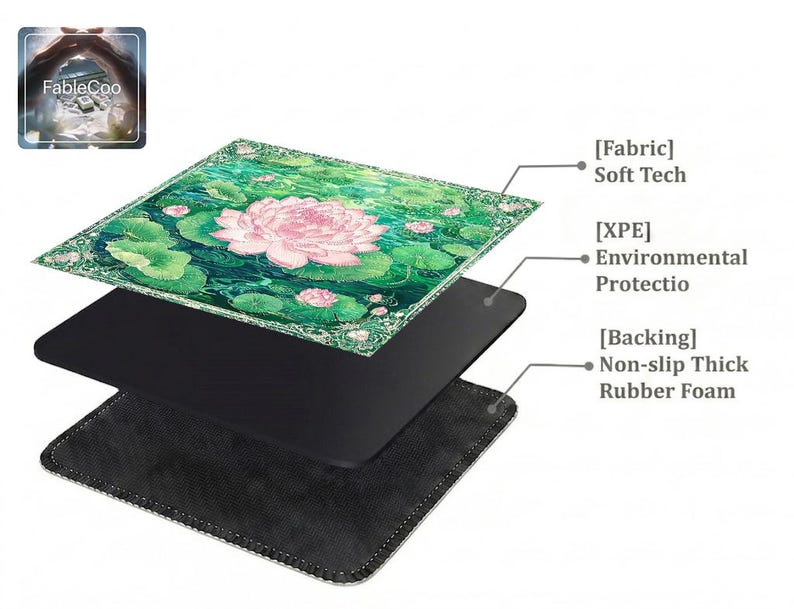 Layered construction display of the mahjong mat showing the printed fabric top layer, cushioned inner core, and non-slip rubber foam backing.