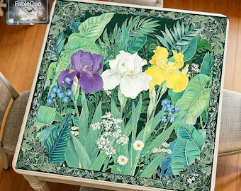 Green Iris Mahjong Mat, Botanical Floral Game Table Pad, Waterproof Cover