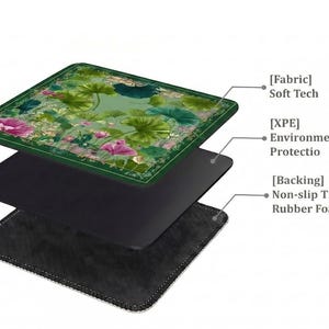 May include: A square mousepad with a floral design featuring pink lotus flowers and green leaves on a light green background. The mousepad has a dark green border and is made of soft tech fabric, environmental protection material, and non-slip rubber foam backing.