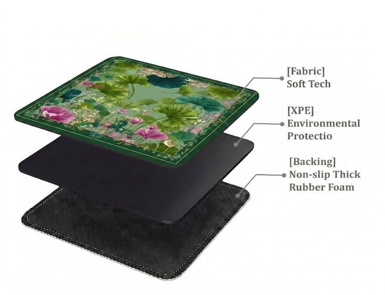 May include: A square mousepad with a floral design featuring pink lotus flowers and green leaves on a light green background. The mousepad has a dark green border and is made of soft tech fabric, environmental protection material, and non-slip rubber foam backing.