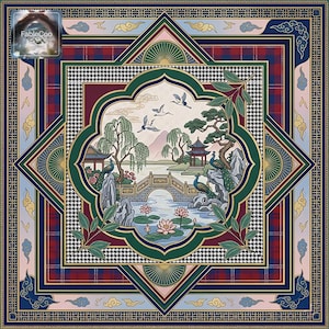 Top-view product design showing a centered oriental garden pond scene with lotus flowers, pavilion details, bridge, willow trees, birds in flight, peacocks, and layered star medallion framing in deep blue, green, burgundy, pale pink, cream, and gold.