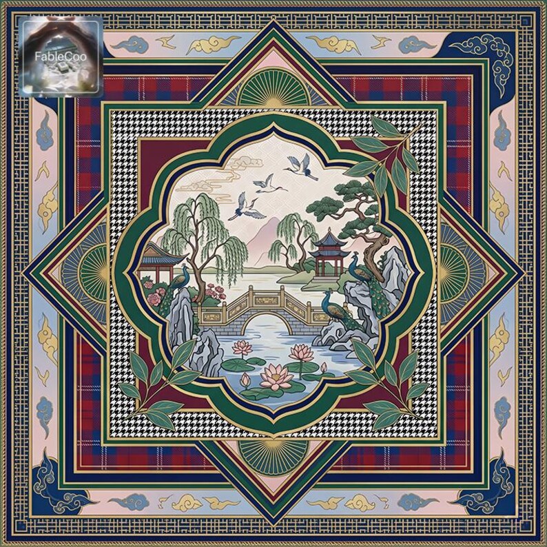 Top-view product design showing a centered oriental garden pond scene with lotus flowers, pavilion details, bridge, willow trees, birds in flight, peacocks, and layered star medallion framing in deep blue, green, burgundy, pale pink, cream, and gold.