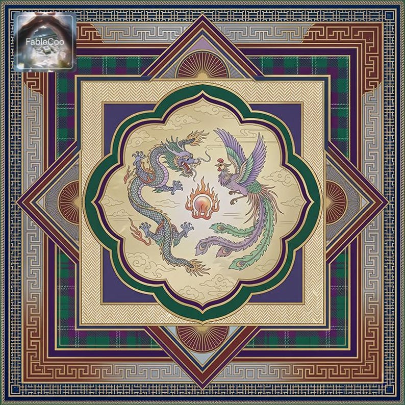 Oriental fantasy-inspired mahjong mat artwork featuring a dragon and phoenix around a flame motif, framed by geometric star borders, plaid accents, Greek key details, and rich vintage tones in green, plum, gold, cream, and deep blue.