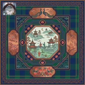 Vintage-inspired oriental garden mat design in deep green and warm brown tones, featuring peacocks, pavilion scenery, floral motifs, fruit accents, and layered geometric borders for a rich traditional decorative look.