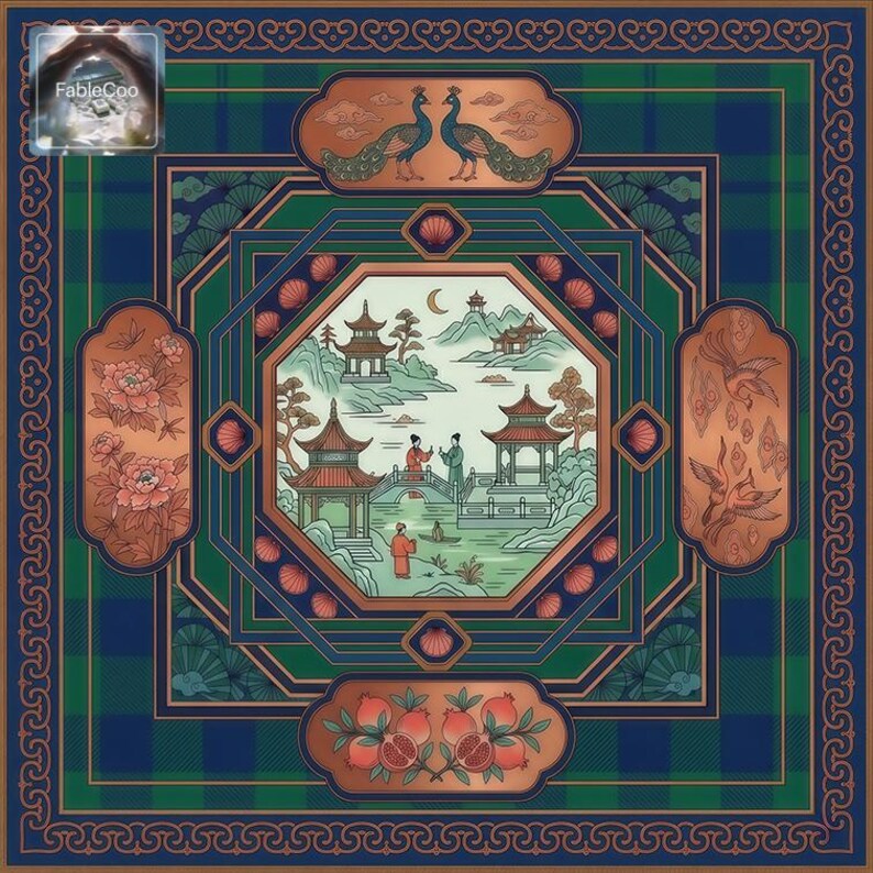 Vintage-inspired oriental garden mat design in deep green and warm brown tones, featuring peacocks, pavilion scenery, floral motifs, fruit accents, and layered geometric borders for a rich traditional decorative look.